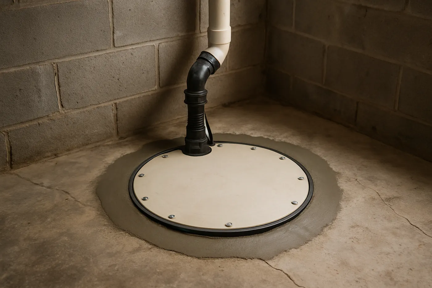 Sealed sump basin and discharge line installed during an Allen County basement waterproofing job